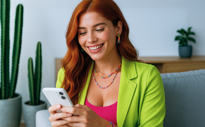 Mujer sonriendo revisando su celular